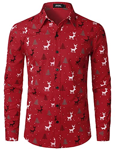 JOGAL Herren Funky Christmas Print Weihnachtsmann Hemd Langarm Button Up Freizeithemd Rot Groß von JOGAL