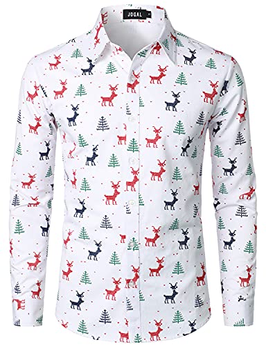 JOGAL Herren Funky Christmas Print Weihnachtsmann Hemd Langarm Button Up Freizeithemd Weiß Groß von JOGAL