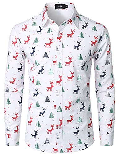 JOGAL Herren Funky Christmas Print Weihnachtsmann Hemd Langarm Button Up Freizeithemd Weiß Klein von JOGAL