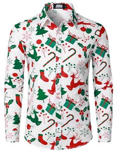 JOGAL Herren Funky Christmas Print Weihnachtsmann Hemd Langarm Button Up Freizeithemd X-Large Weiß Grün von JOGAL