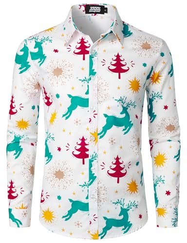 JOGAL Herren Funky Christmas Print Weihnachtsmann Hemd Langarm Button Up Freizeithemd XX-Large Grün Rot von JOGAL
