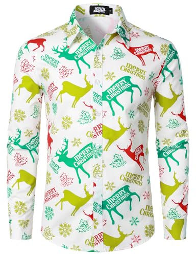 JOGAL Herren Funky Christmas Print Weihnachtsmann Hemd Langarm Button Up Freizeithemd XX-Large Weiß Rot von JOGAL