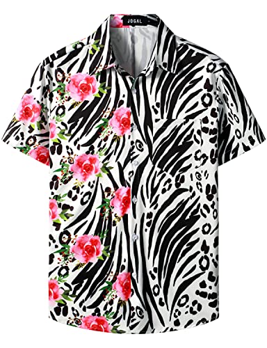 JOGAL Herren Funky Flamingo Hawaiihemd Kurzarm Freizeithemd Blumenmuster Sommerhemd Leopard Blume Groß von JOGAL