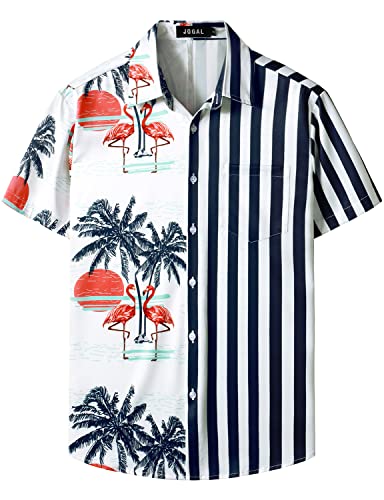 JOGAL Herren Funky Flamingo Hawaiihemd Kurzarm Freizeithemd Blumenmuster Sommerhemd Marine Weiß XX-Large von JOGAL