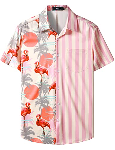 JOGAL Herren Funky Flamingo Hawaiihemd Kurzarm Freizeithemd Blumenmuster Sommerhemd Rosa Baum Mittel von JOGAL