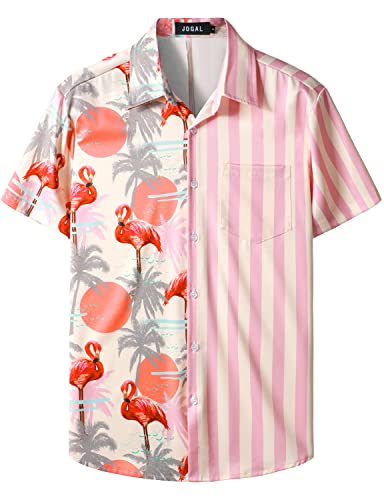 JOGAL Herren Funky Flamingo Hawaiihemd Kurzarm Freizeithemd Blumenmuster Sommerhemd Rosa Baum XXX-Large von JOGAL