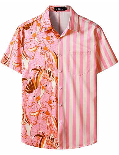 JOGAL Herren Funky Flamingo Hawaiihemd Kurzarm Freizeithemd Blumenmuster Sommerhemd Rosa Papagei X-Large von JOGAL