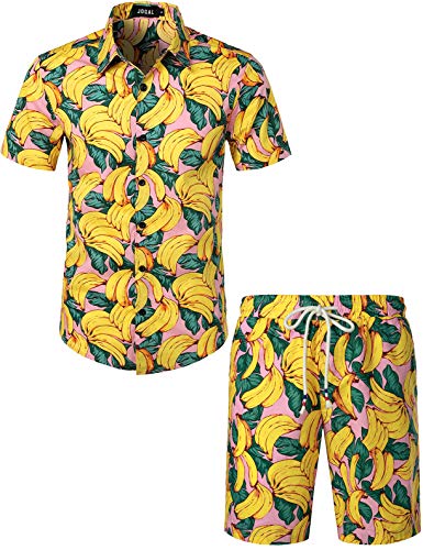 JOGAL Herren Funky Fruit Kurzarm Baumwolle Hawaii Hemd Short Set 3X-Large Rosa Gelb von JOGAL