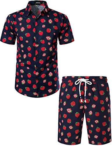 JOGAL Herren Funky Fruit Kurzarm Baumwolle Hawaii Hemd Short Set 3X-Large Schwarzblau Rosa von JOGAL