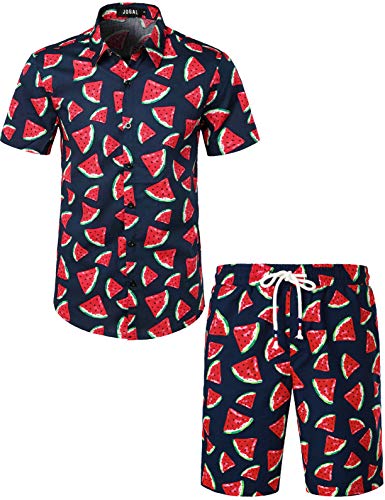 JOGAL Herren Funky Fruit Kurzarm Baumwolle Hawaii Hemd Short Set 3X-Large Schwarzblau Rot von JOGAL