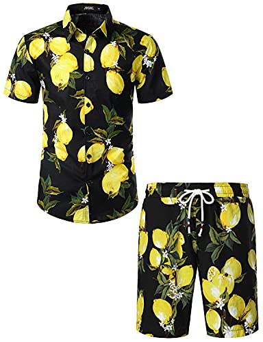 JOGAL Herren Funky Fruit Kurzarm Baumwolle Hawaii Hemd Short Set Gelbe Zitrone Mittel von JOGAL