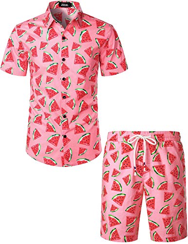 JOGAL Herren Funky Fruit Kurzarm Baumwolle Hawaii Hemd Short Set Large Rosa Karmesinrot von JOGAL