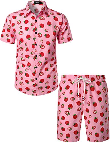 JOGAL Herren Funky Fruit Kurzarm Baumwolle Hawaii Hemd Short Set Large Schwarzblau Hochrot von JOGAL