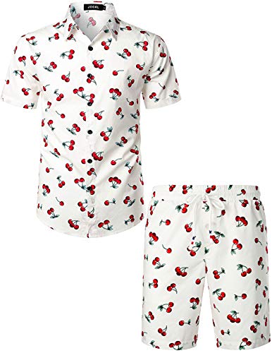 JOGAL Herren Funky Fruit Kurzarm Baumwolle Hawaii Hemd Short Set Large Weiß Rot von JOGAL