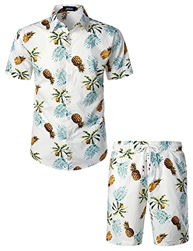 JOGAL Herren Funky Fruit Kurzarm Baumwolle Hawaii Hemd Short Set Weißes Ananasblatt Mittel von JOGAL