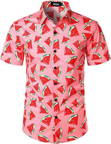 JOGAL Herren Funky Fruit Shirts Kurzarm Hawaiihemd Medium Hell-Pink Rot von JOGAL