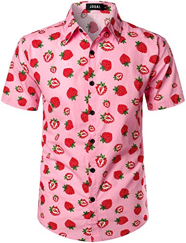 JOGAL Herren Funky Fruit Shirts Kurzarm Hawaiihemd X-Large Rosa Erdbeere von JOGAL