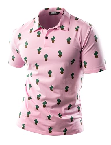 JOGAL Herren Golf Poloshirts Kurzarm Floral Sommer Freizeithemd Regular Fit Sport Outdoor Polo Tshirt Rosa Groß von JOGAL