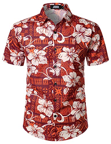 JOGAL Herren Hawaii Hemd Männer Baumwolle Kurzarm Vintage Regular Fit Sommerhemd Bordeauxrot Groß von JOGAL