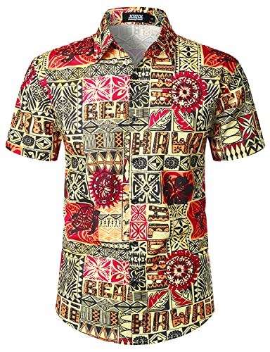 JOGAL Herren Hawaii Hemd Männer Baumwolle Kurzarm Vintage Regular Fit Sommerhemd Gelb Groß von JOGAL