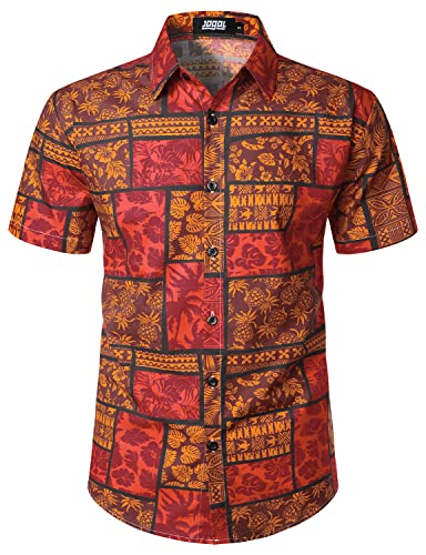 JOGAL Herren Hawaii Hemd Männer Baumwolle Kurzarm Vintage Regular Fit Sommerhemd Rot Gelb Groß von JOGAL