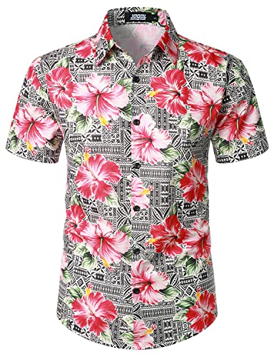 JOGAL Herren Hawaii Hemd Männer Baumwolle Kurzarm Vintage Regular Fit Sommerhemd Schwarz Rosa Groß von JOGAL