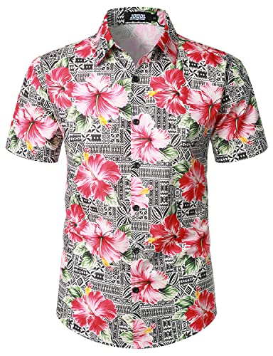 JOGAL Herren Hawaii Hemd Männer Baumwolle Kurzarm Vintage Regular Fit Sommerhemd Schwarz Rosa Mittel von JOGAL