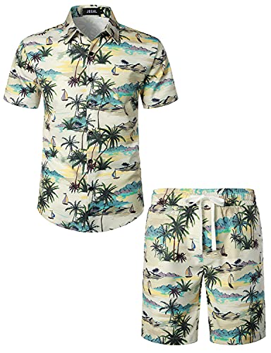 JOGAL Herren Hawaii Hemd Männer Flamingo Kurzarmhemd und Kurze Hose Set Strand Outfit Sommerhemd Für Mann Beige Island Mittel von JOGAL