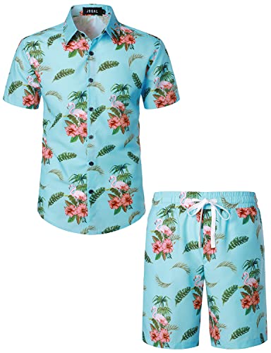 JOGAL Herren Hawaii Hemd Männer Flamingo Kurzarmhemd und Kurze Hose Set Strand Outfit Sommerhemd Für Mann Blau Groß von JOGAL