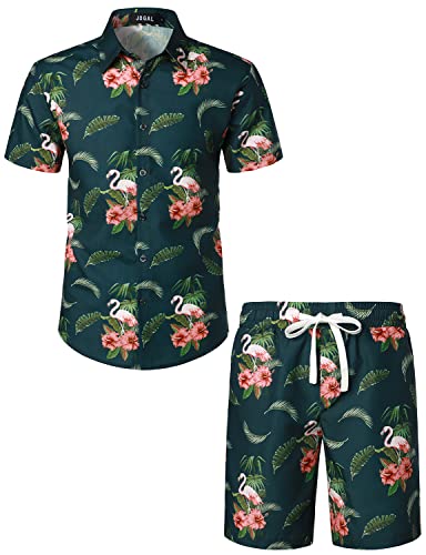 JOGAL Herren Hawaii Hemd Männer Flamingo Kurzarmhemd und Kurze Hose Set Strand Outfit Sommerhemd Für Mann Dunkelgrün XX-Large von JOGAL