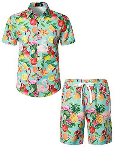 JOGAL Herren Hawaii Hemd Männer Flamingo Kurzarmhemd und Kurze Hose Set Strand Outfit Sommerhemd Für Mann Grün Frucht Flamingo Klein von JOGAL