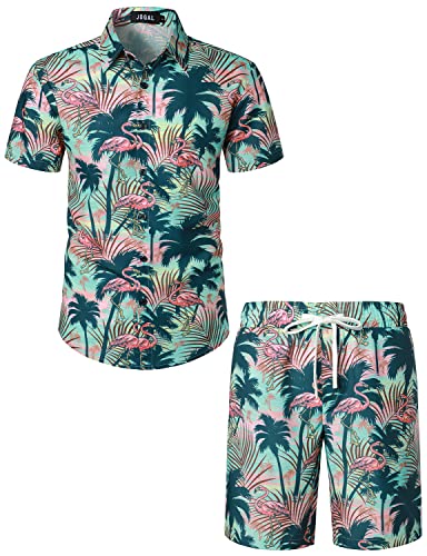 JOGAL Herren Hawaii Hemd Männer Flamingo Kurzarmhemd und Kurze Hose Set Strand Outfit Sommerhemd Für Mann Grün Rosa Klein von JOGAL