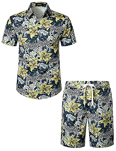 JOGAL Herren Hawaii Hemd Männer Flamingo Kurzarmhemd und Kurze Hose Set Strand Outfit Sommerhemd Für Mann Marine Leopard 3X-Large von JOGAL