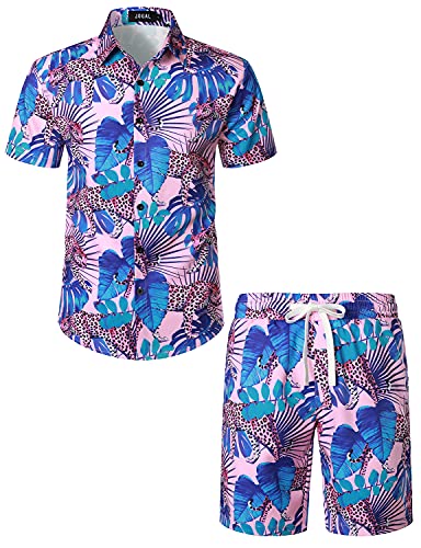 JOGAL Herren Hawaii Hemd Männer Flamingo Kurzarmhemd und Kurze Hose Set Strand Outfit Sommerhemd Für Mann Rosa Leopard X-Large von JOGAL