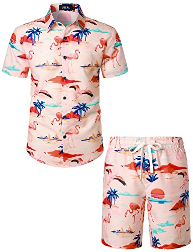 JOGAL Herren Hawaii Hemd Männer Flamingo Kurzarmhemd und Kurze Hose Set Strand Outfit Sommerhemd Für Mann Rosa XX-Large von JOGAL