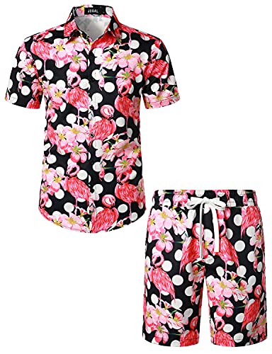 JOGAL Herren Hawaii Hemd Männer Flamingo Kurzarmhemd und Kurze Hose Set Strand Outfit Sommerhemd Für Mann Schwarz Polka Flamingo Groß von JOGAL