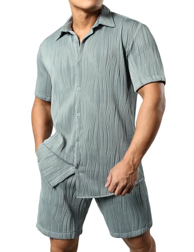 JOGAL Herren Hawaii Hemd Outfit Kurzarm Sommer Freizeithemd und Shorts Set Badeshorts Strandhemd für Männer Grau Klein von JOGAL