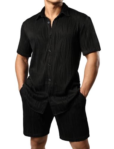 JOGAL Herren Hawaii Hemd Outfit Kurzarm Sommer Freizeithemd und Shorts Set Badeshorts Strandhemd für Männer Schwarz X-Large von JOGAL