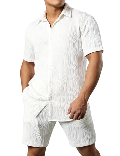 JOGAL Herren Hawaii Hemd Outfit Kurzarm Sommer Freizeithemd und Shorts Set Badeshorts Strandhemd für Männer Weiß XX-Large von JOGAL