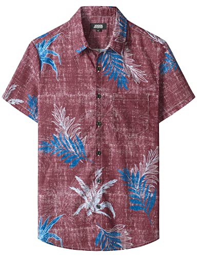 JOGAL Herren Hawaii Hemd mit Tasche Männer Kurzarm Freizeithemd Sommer Lässig Strand Outfit Weinrot M von JOGAL