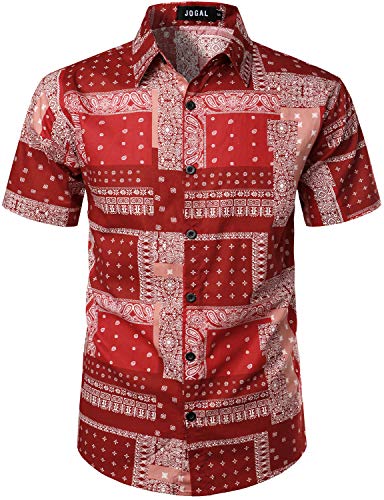 JOGAL Herren Hawaii Hemd Männer Baumwolle Kurzarm Vintage Regular Fit Sommerhemd Large Rot von JOGAL