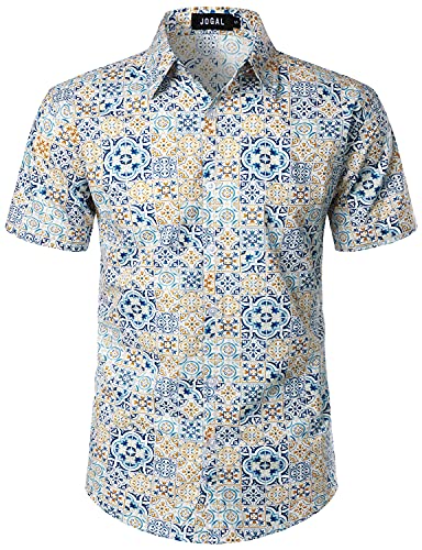 JOGAL Herren Hawaii Hemd Männer Baumwolle Kurzarm Vintage Regular Fit Sommerhemd Weißes Quadrat XX-Large von JOGAL