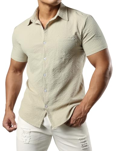 JOGAL Herren Hemd Kurzarm Freizeithemd Slim Fit Businesshemd Sommer Casual Muscle Fit Hemd Helles Khaki Klein von JOGAL