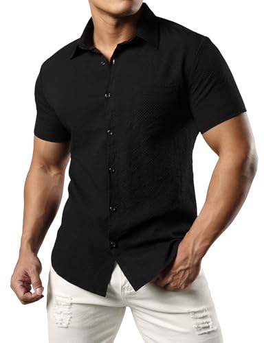 JOGAL Herren Hemd Kurzarm Freizeithemd Slim Fit Businesshemd Sommer Casual Muscle Fit Hemd Schwarz Mittel von JOGAL