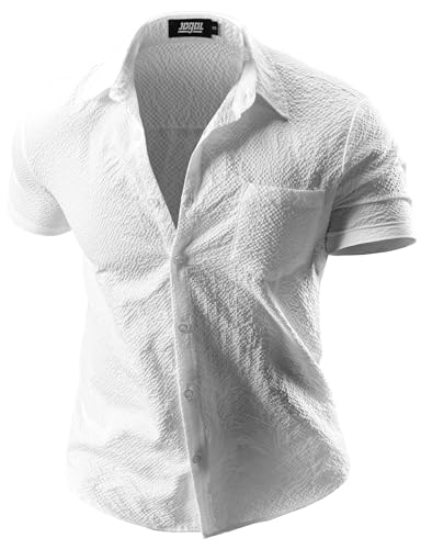 JOGAL Herren Hemd Kurzarm Freizeithemd Slim Fit Businesshemd Sommer Casual Muscle Fit Hemd Weiß X-Large von JOGAL