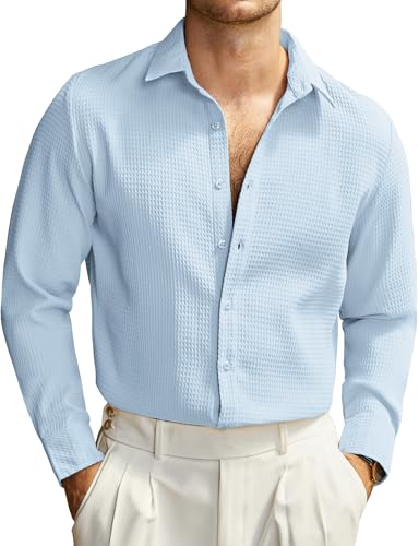 JOGAL Herren Hemd Langarm Regular Fit Button Down Freizeithemden Anzug Waffelhemd Himmelblau Mittel von JOGAL