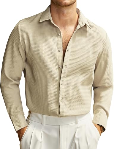 JOGAL Herren Hemd Langarm Regular Fit Button Down Freizeithemden Anzug Waffelhemd Khaki XX-Large von JOGAL