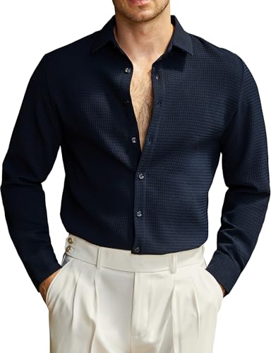JOGAL Herren Hemd Langarm Regular Fit Button Down Freizeithemden Anzug Waffelhemd Marine XX-Large von JOGAL