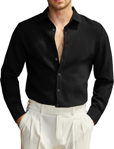 JOGAL Herren Hemd Langarm Regular Fit Button Down Freizeithemden Anzug Waffelhemd Schwarz X-Large von JOGAL