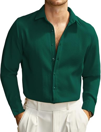 JOGAL Herren Hemd Langarm Regular Fit Button Down Freizeithemden Anzug Waffelhemd TiefGrün XX-Large von JOGAL